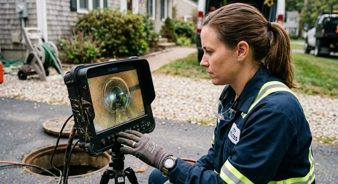 Technician reviewing sewer camera inspection footage in Adelanto
