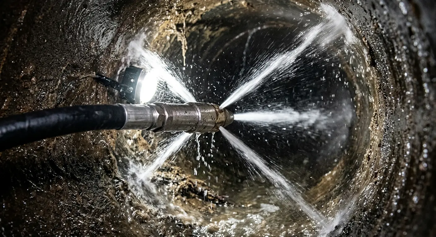 High-pressure hydro jetting nozzle cleaning sewer pipe for Sewer Line Relining in Adelanto