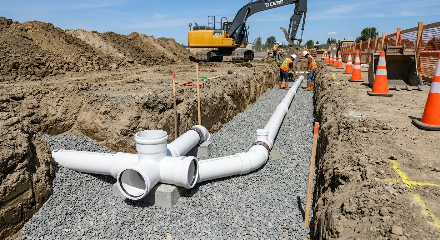 New PVC sewer pipe installation in open trench for Sewer Camera Inspection in Adelanto