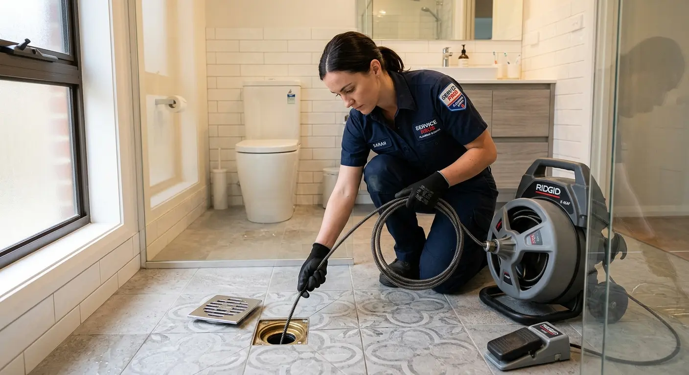 Technician clearing a bathroom floor drain for Drain Repair in Adelanto
